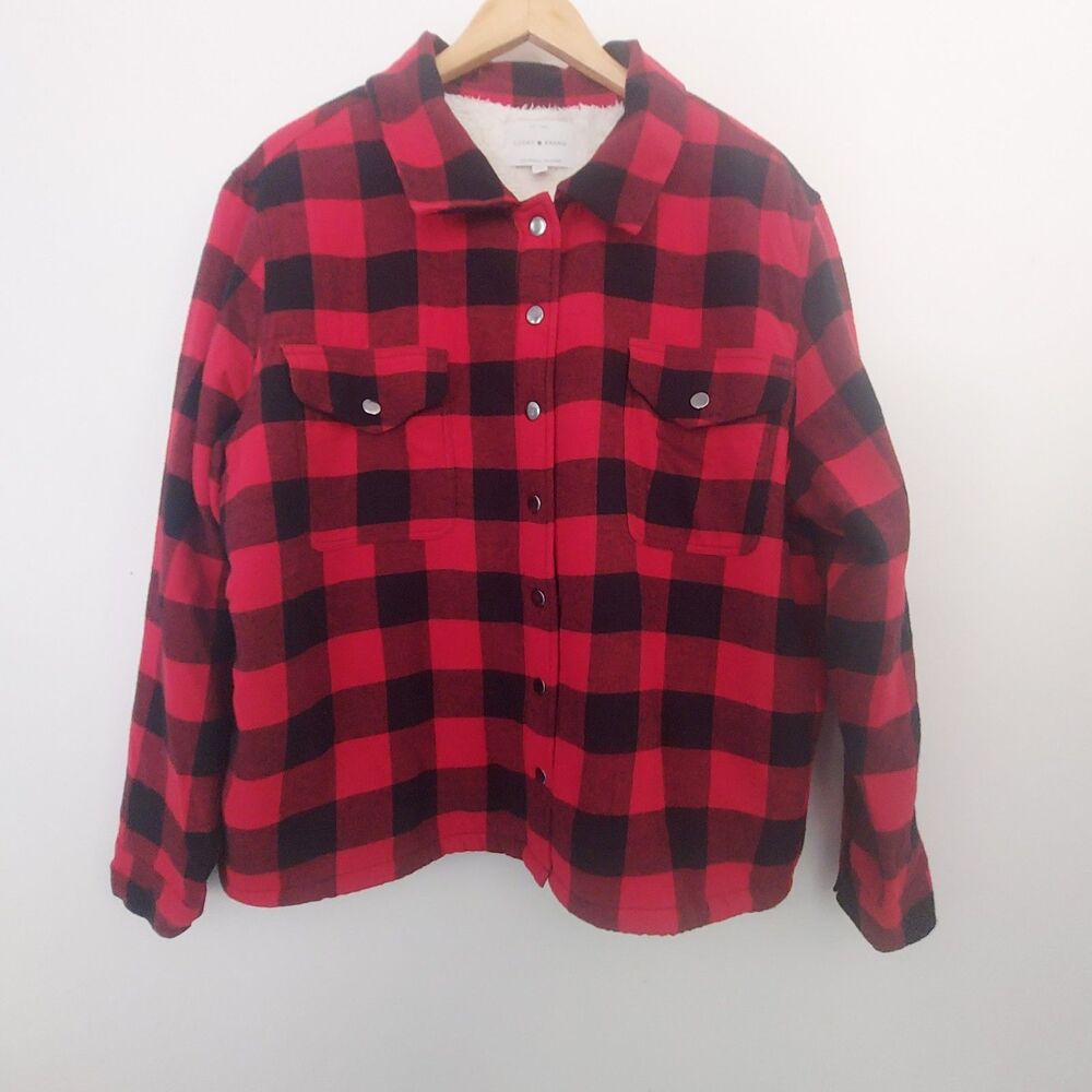 Lucky Brand Shacket XL Red Black Buffalo Plaid Sherpa Lined Flannel Shirt Jacket